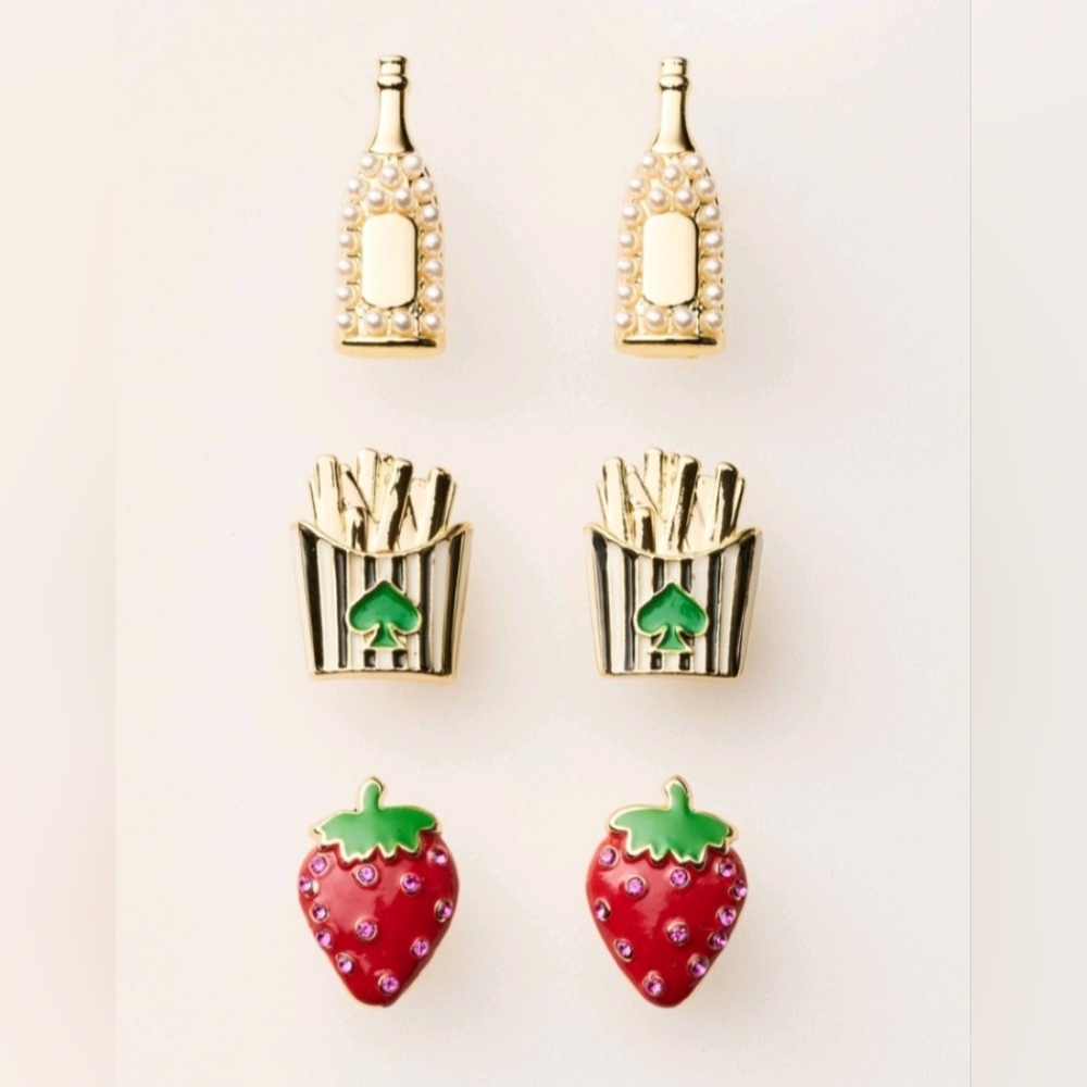 NWT Kate Spade x Target Novelty Earrings (3 Pr)-Champ Bottle, Strawberry, FF